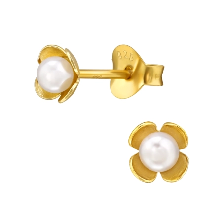 Arany virág gyönggyel - 925 Ezüst Stift Fülbevaló Gyönggyel