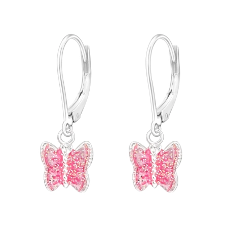 Pillangó pink glitterrel - 925 Ezüst Akasztós Fülbevalók